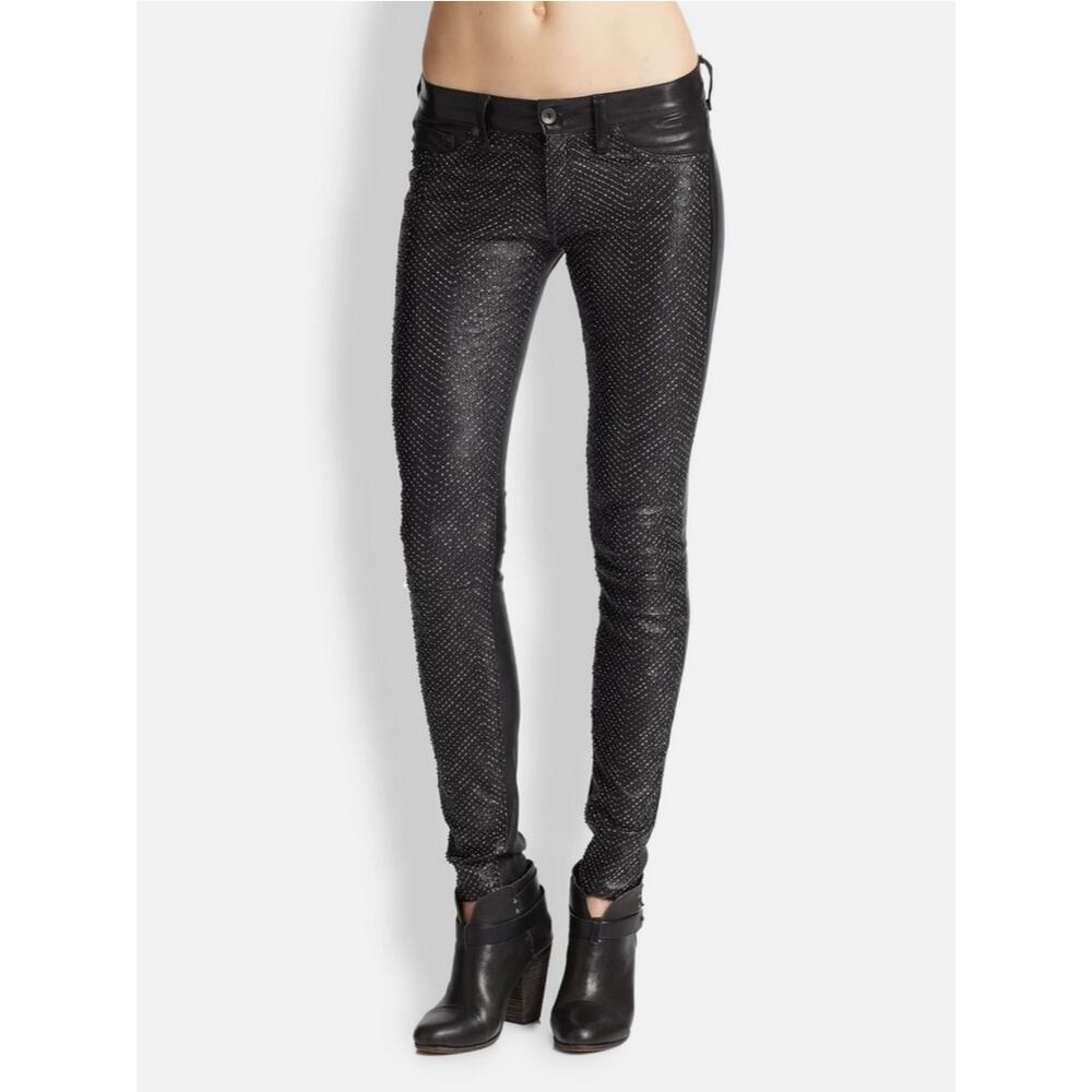 Rag & Bone Beaded Stretch Leather Skinny Black Pants size 25 Rock Punk